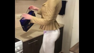 Quickie fucked hot brunette milf in the kitchen