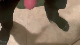 Horny college guy plays with thick dick in front of mirror