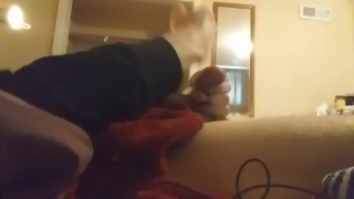 Ballbusting Notouch Cum onto a Red Towel