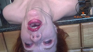 Pretty Redhead sloppy throatfuck on kitchen counter TRAILER - TheGoddessOfLust