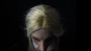 Nun in female mask practices blowjob on strapon