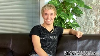 Sensual blonde UK twink stretching dick while interviewed