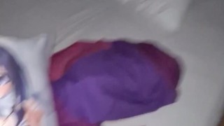 fucking my dakimakura on the bed, condom ripped
