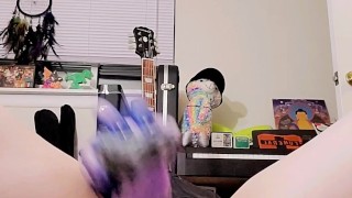 Goth girl playing with large dildo in a mini skirt 