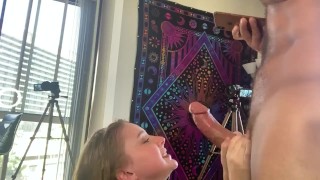 Goregous college student enjoys choking on first big cock