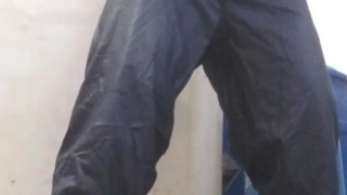 Hunk spews out huge load on the floor, in pvc boilersuit and rubber gloves