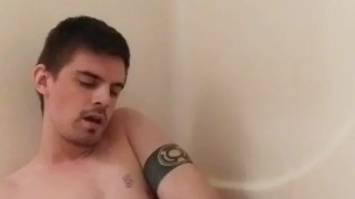 Pissing all over myself before desperately trying to cum and finally licking up my thick cum!