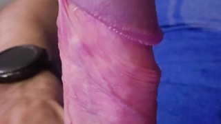 Very up close thick creamy handfree cumshot covering gland