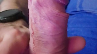 Very up close thick creamy handfree cumshot covering gland