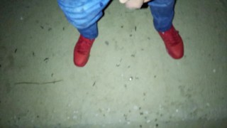 Peeing with erection and cumshot under a bridge