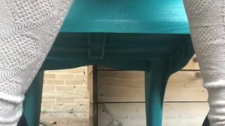 Girl makes a mess on public chairs