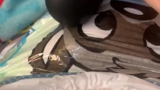 Naughty boy trying to cum in wet diaper 