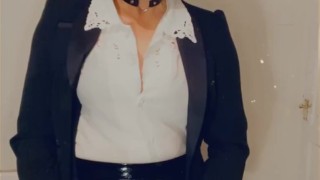 Transvestite Office Lady has a quick wank