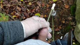 Autumn outdoor self catheter insertion, pee in forest