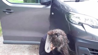 Secretary in crotchless panthyhose stocking no panties, is desperate pee on the risky public road
