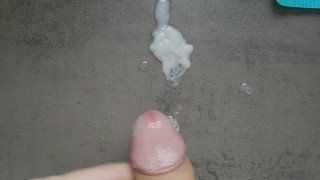 Edged big glans Penis covered with precum ejaculates thick cum load in kitchen