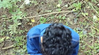 Twink on his knees sucks dick and gets cum on face and mouth public