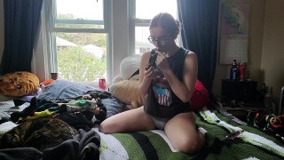 Stoner slut spanks and fucks herself and almost gets caught