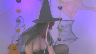 Halloween Striptease! Sexy witch plays with wet pussy