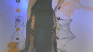 Halloween Striptease! Sexy witch plays with wet pussy
