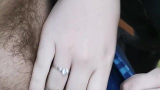 Girlfriend enjoying holding my cock while I pee - playing with her hand in my warm piss