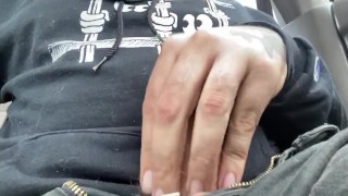 Stud strokes hard cock while driving and cums 