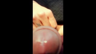 Touching camera lens with wet glans then rubbing cum on lens and own cum swallow from leaf outdoor