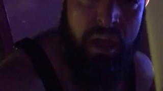 Big Italian bearded bear with harness put dildo in his ass for the first time during a party orgy