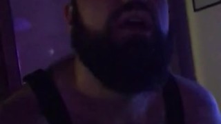 Big Italian bearded bear with harness put dildo in his ass for the first time during a party orgy