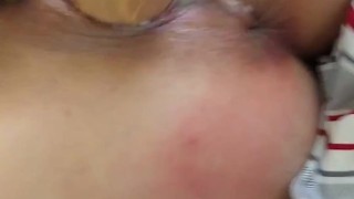 Whore gets ass caned while using dildo