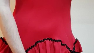 Crossdressing cums in sexy red lingerie