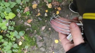 Uncut ginger walking around and pissing in chastity