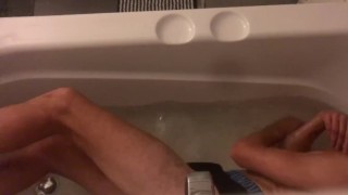 Teen wanks and cums in bath with underwear 