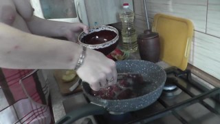 Naked cooking. Cooking in kitchen with naked Milf DuBarry. Natural tits. Ass. Hairy pussy. Nipples