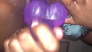 Creamy Wet Fat Ebony Pussy Gets Stuffed With Purple Dildo