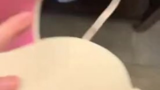Another sneaky cum on her white pink 36C bra