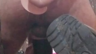 Monster dildo, fleshlight, boots, hairy muscle hunk, big cock handsfree ending