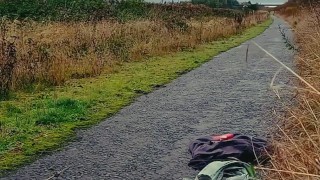 Full nude on cycle path swinging ball weights and show my hole