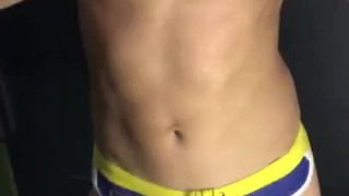Showing off in swim trunks Desmit