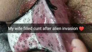 My wife lies with a pussy full of alien cum after breeding~ Hubby watch this