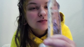 Emo princess cleans her toy after quietly playing with herself while daddy is in the next room