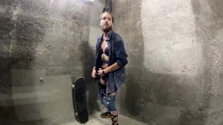 Crossdresser jerking off underground