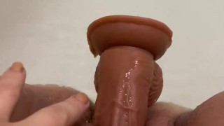 Chubby wife fucking herself with dildo while loud moaning
