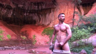 Cute jock jacking off in nature