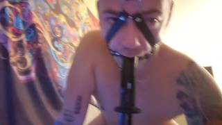 Bdsm ring gag, deepthroat training and drooling like crazy on dildo