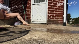 Desperately Power Pissing on my patio like a Naughty Slut, I barely got my pants off in time!