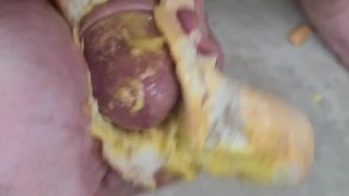 Guy shoves his cock between two saucy buns. ASMR. Hotdogs and mustard, not my proudest wank.