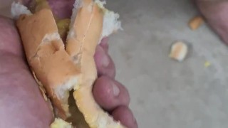 Guy shoves his cock between two saucy buns. ASMR. Hotdogs and mustard, not my proudest wank.
