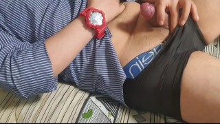 RED WATCH GUY BIG COCK INSIDE BLACK CALVIN KLEIN GLOSSY BOXERS DADDY IS JERKING OFF