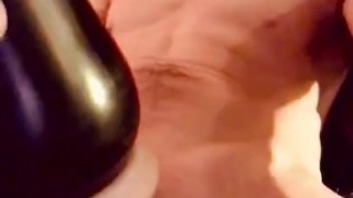 Guy cums so hard, nearly falls from intense orgasm, loud moaning cum inside toy 